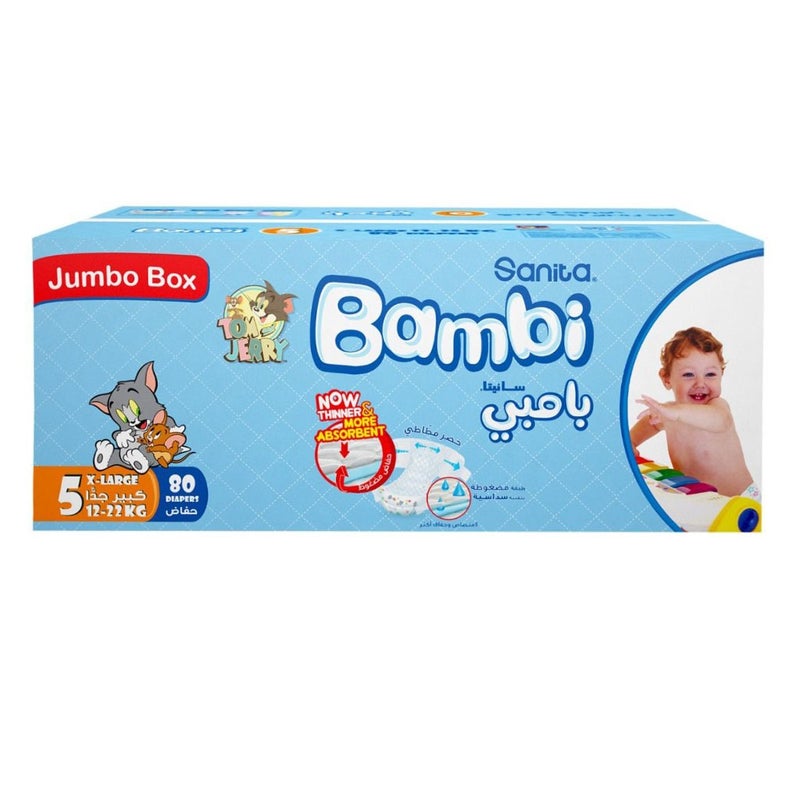 Sanita Bambi Tom And Jerry Baby Diapers, Size 5, X-Large, For 12-22 Kg Baby, Jumbo Box of 80's 