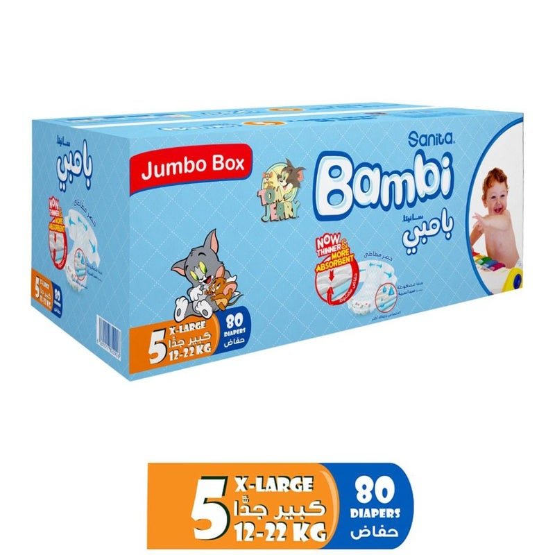 Sanita Bambi Tom And Jerry Baby Diapers, Size 5, X-Large, For 12-22 Kg Baby, Jumbo Box of 80's 