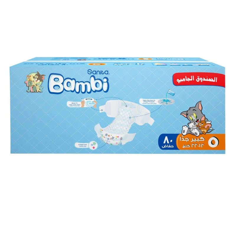 Sanita Bambi Tom And Jerry Baby Diapers, Size 5, X-Large, For 12-22 Kg Baby, Jumbo Box of 80's 