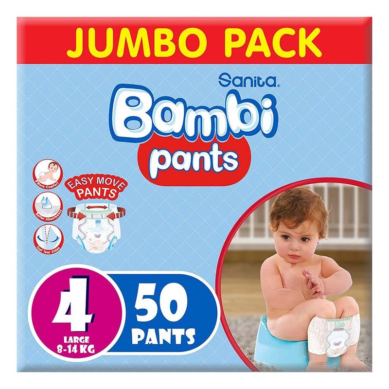 Sanita Bambi Easy Move Baby Diaper Pants, Size 4, Large For 8-14 Kg Baby, Jumbo Pack of 50's