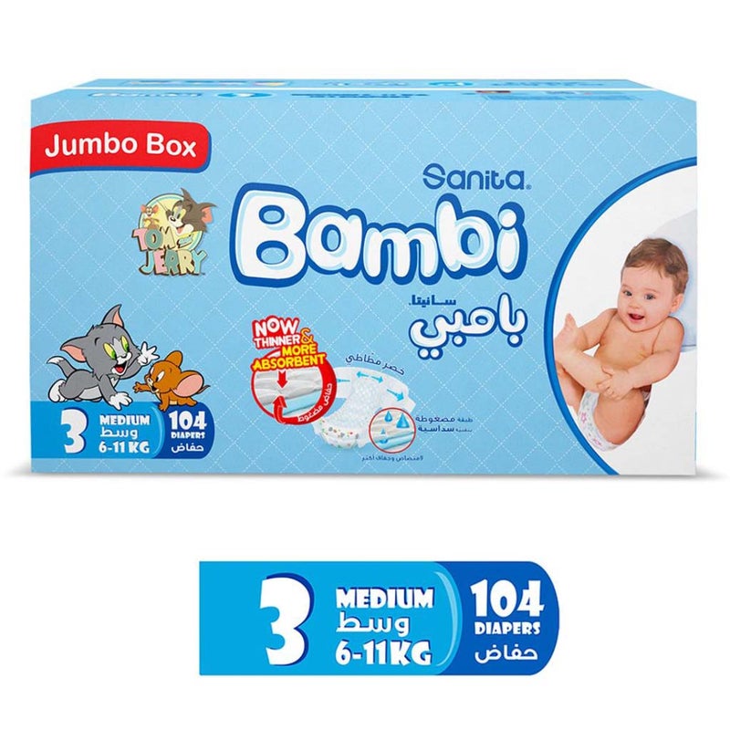 Sanita Bambi Tom And Jerry Baby Diapers, Size 3, Medium, For 6-11 Kg Baby, Jumbo Box of 104's 