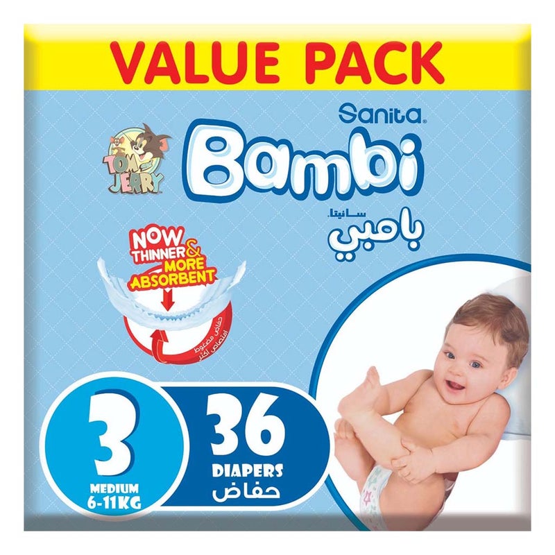Sanita Bambi Tom And Jerry Baby Diapers, Size 3, Medium For 6-11 Kg Baby, Value Pack of 36's 