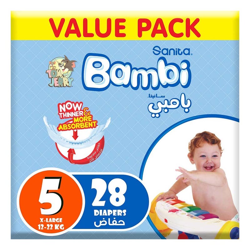Sanita Bambi Tom And Jerry Baby Diapers, Size 5, X-Large For 12-22 Kg Baby, Value Pack of 28's
