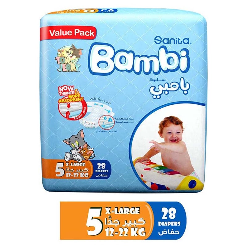 Sanita Bambi Tom And Jerry Baby Diapers, Size 5, X-Large For 12-22 Kg Baby, Value Pack of 28's