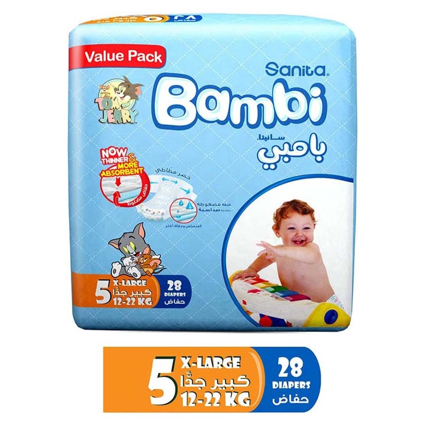 Sanita Bambi Tom And Jerry Baby Diapers, Size 5, X-Large For 12-22 Kg Baby, Value Pack of 28's
