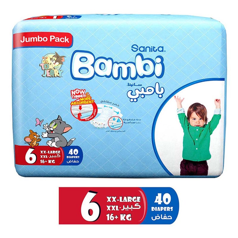 Sanita Bambi Tom And Jerry Baby Diapers, Size 6, XX-Large For 16+Kg Baby, Jumbo Pack of 40's