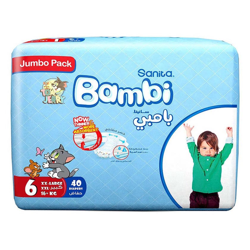 Sanita Bambi Tom And Jerry Baby Diapers, Size 6, XX-Large For 16+Kg Baby, Jumbo Pack of 40's