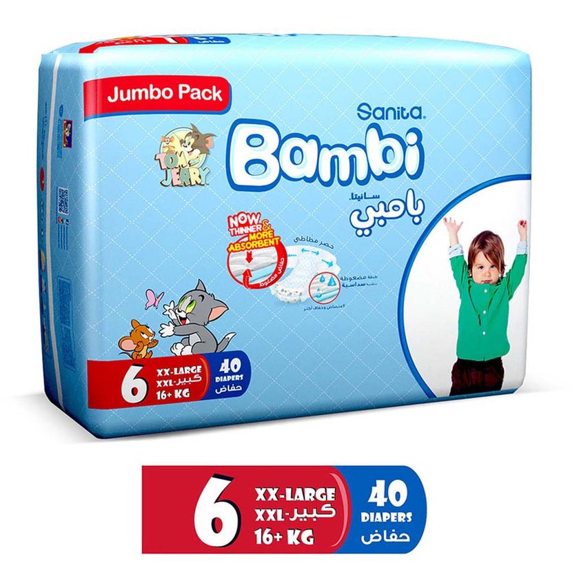 Sanita Bambi Tom And Jerry Baby Diapers, Size 6, XX-Large For 16+Kg Baby, Jumbo Pack of 40's