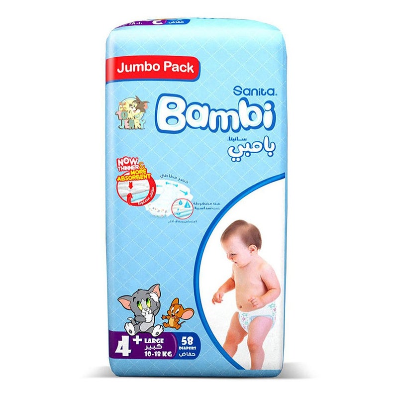 Sanita Bambi Tom And Jerry Baby Diapers, Size 4+, Large, For 10-18kg Baby, Jumbo Pack of 58's