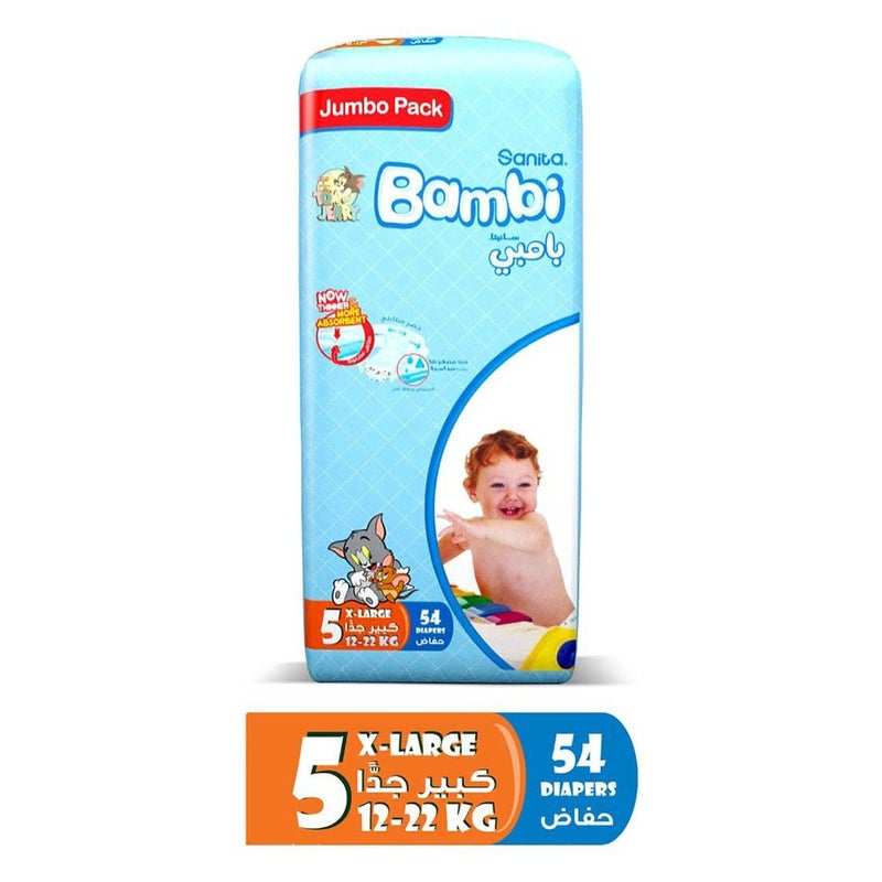 Sanita Bambi Tom And Jerry Baby Diapers, Size 5, X-Large For 12-22 Kg Baby, Jumbo Pack of 54's