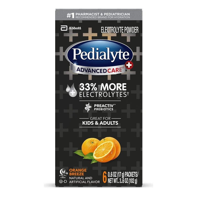 Abbott Pedialyte Advanced Care Plus Preactiv Prebiotics + 33% More Electrolyte Orange Breeze Oral Solution Powder Sticks Pack of 6's