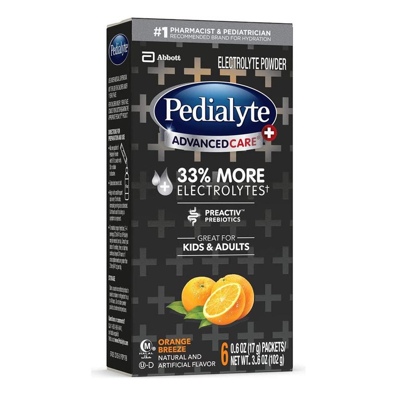 Abbott Pedialyte Advanced Care Plus Preactiv Prebiotics + 33% More Electrolyte Orange Breeze Oral Solution Powder Sticks Pack of 6's
