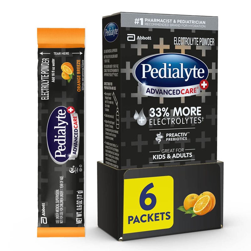 Abbott Pedialyte Advanced Care Plus Preactiv Prebiotics + 33% More Electrolyte Orange Breeze Oral Solution Powder Sticks Pack of 6's
