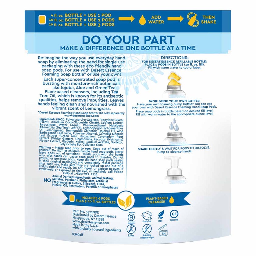 Desert Essence Foaming Hand Wash Refill Pods With Tea Tree Oil & Lemongrass 108ml