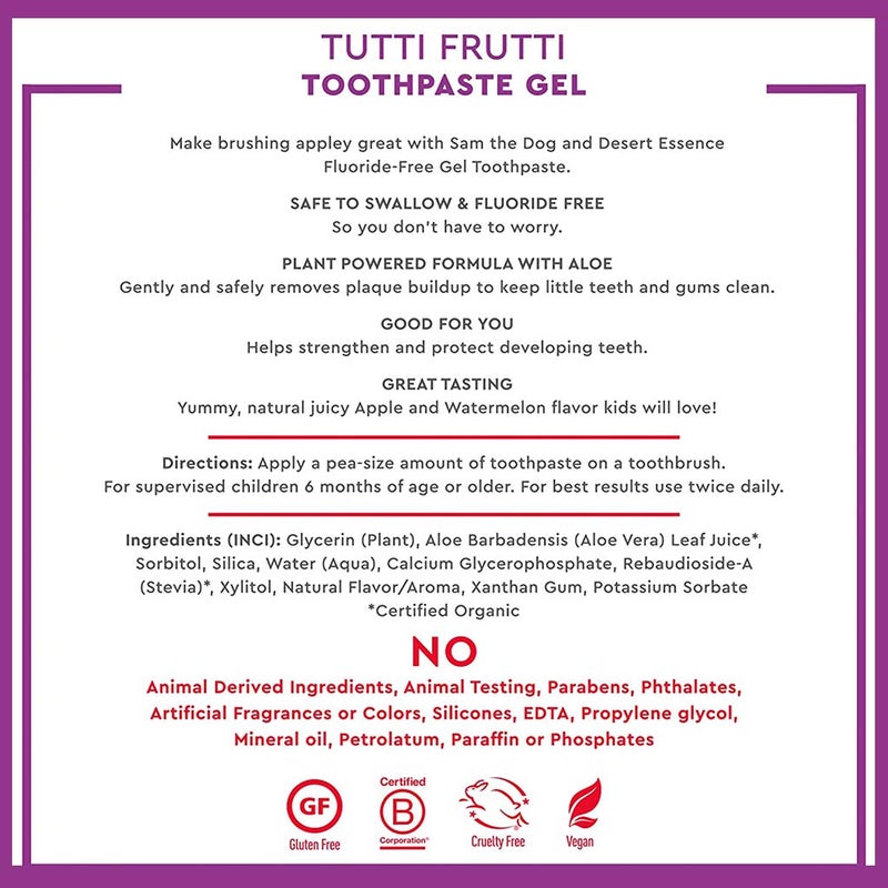 Desert Essence Tutti Frutti Fluoride-Free Kids Gel Toothpaste 133g