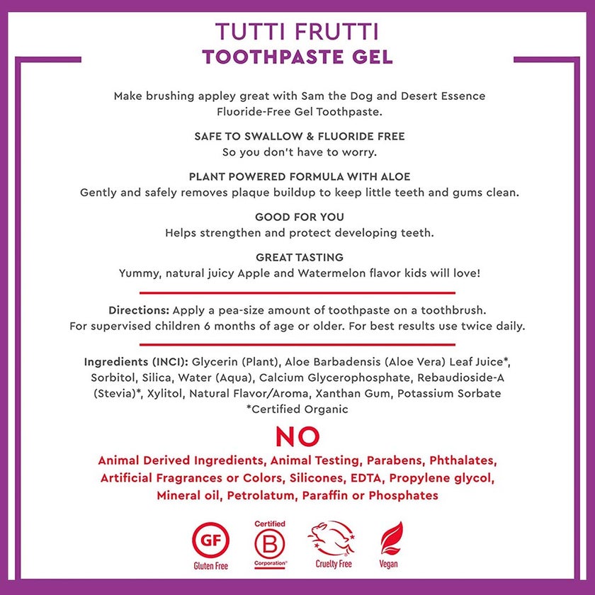 Desert Essence Tutti Frutti Fluoride-Free Kids Gel Toothpaste 133g