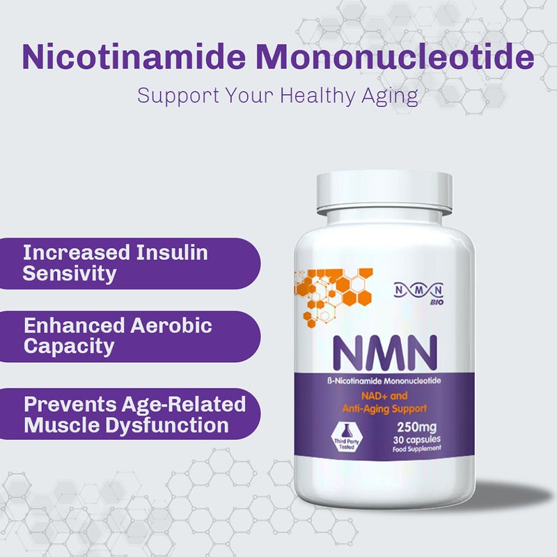 NMN Bio Beta Nicotinamide Mononucleotide 250mg Capsules For Anti-aging Support, Pack of 30's