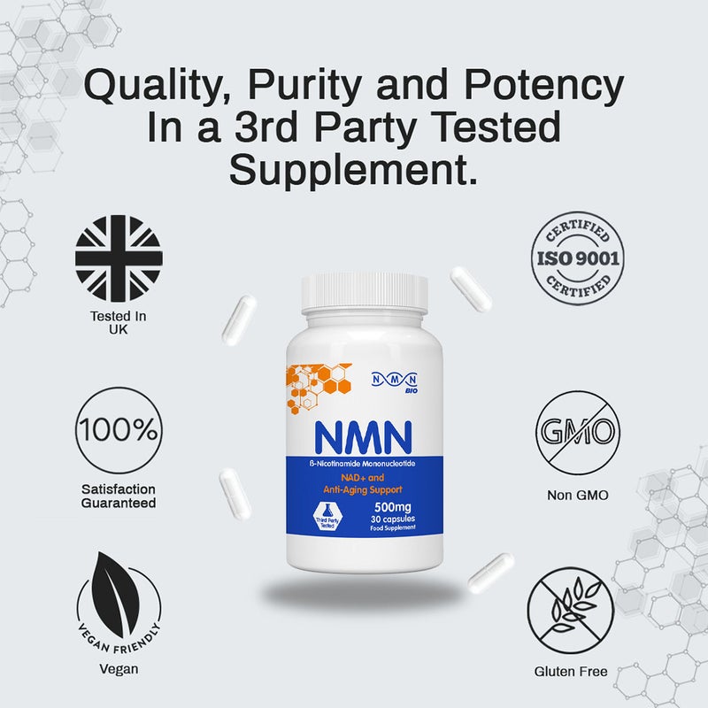 NMN Bio Beta Nicotinamide Mononucleotide 500mg Capsules For Anti-aging Support, Pack of 30's