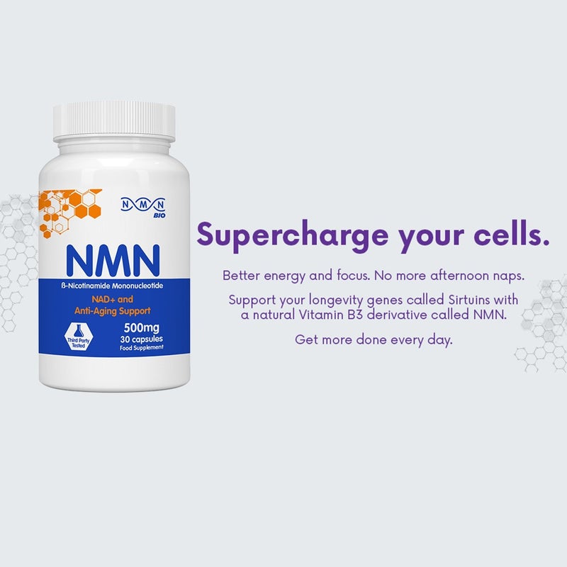 NMN Bio Beta Nicotinamide Mononucleotide 500mg Capsules For Anti-aging Support, Pack of 30's