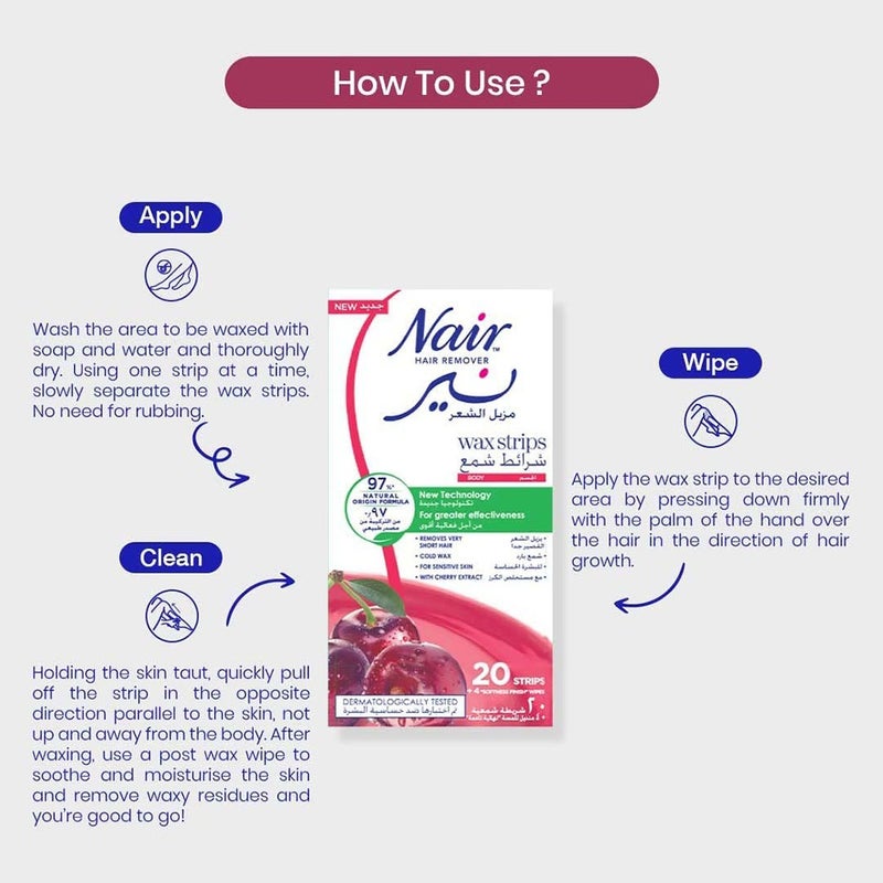 Nair Hair Remover Body Wax Strips With Cherry Extracts, Pack of 20's