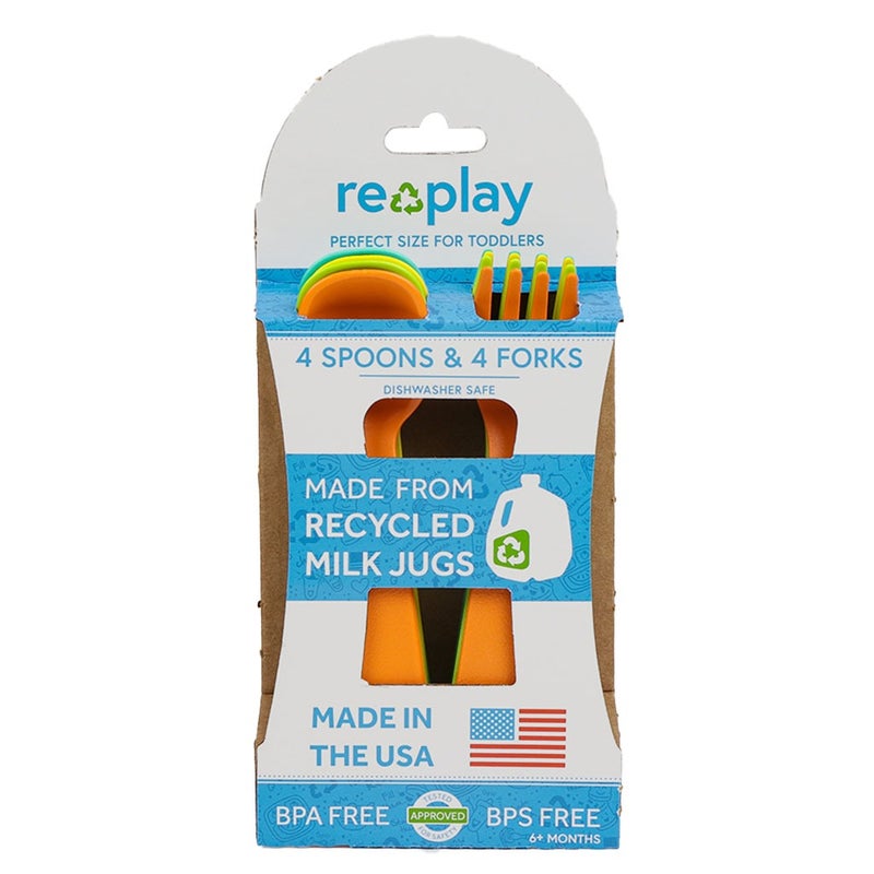 Re Play Feeding Utensil Set Of Spoon and Fork For Toddler & Infant, Orange, Yellow, Lime Green, Aqua Blue, Pack of 8 Pieces