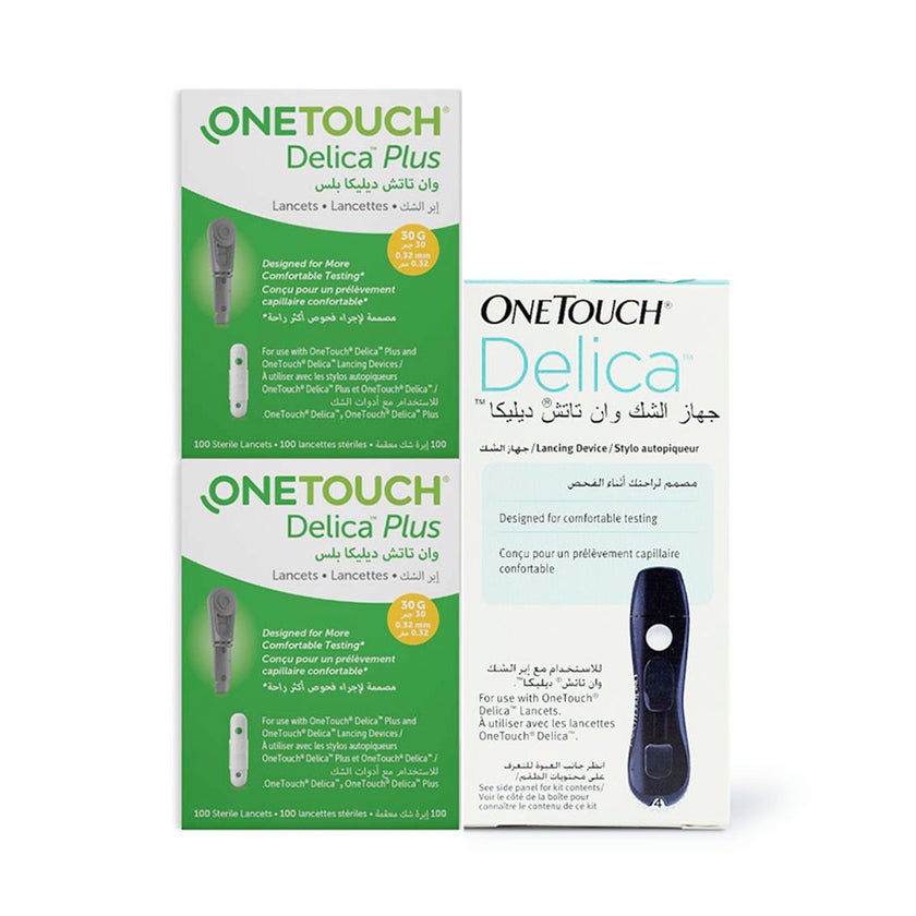 OneTouch Delica Plus Lancets 100*2 Boxes + Onetouch Delica Lancing Pen Device PROMOPACK