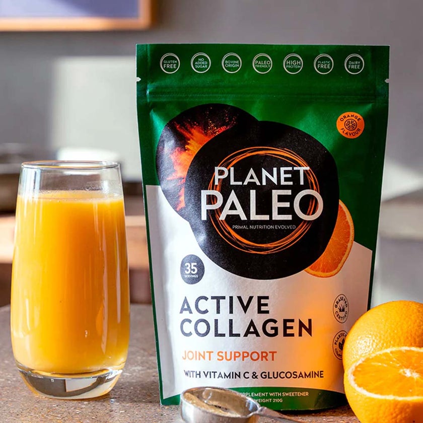 Planet Paleo Active Collagen Joint Support With Vitamin C & Glucosamine, Orange Flavor 210g, 35 Servings
