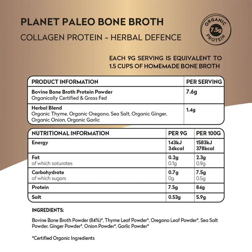 Planet Paleo Organic Bone Broth Collagen Protein Herbal Defence With Oregano And Thyme 225g, 25 servings