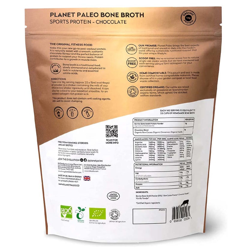 Planet Paleo Organic Bone Broth Post Workout Sports Protein Powder, Chocolate Flavor 480g