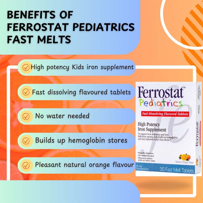 Ferrostat Pediatrics Fast Melt Iron Supplement Tablets, Orange Flavor, Pack of 30's
