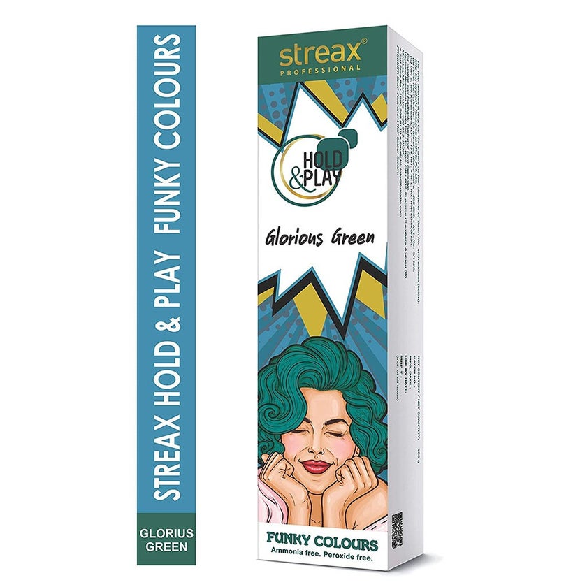 Streax Professional Hold & Play Ammonia & Peroxide - Free Funky Colors Semi-Permanent Hair Color Cream - Glorious Green 100g