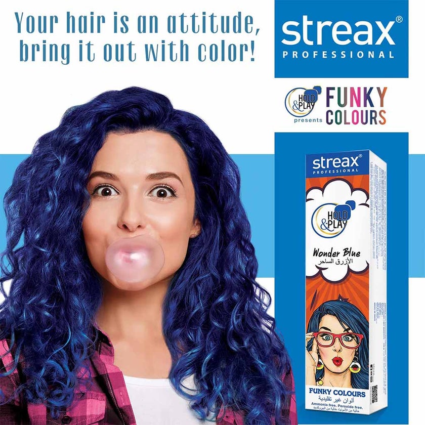 Streax Professional Hold & Play Ammonia & Peroxide - Free Funky Colors Semi-Permanent Hair Color Cream - Wonder Blue 100g