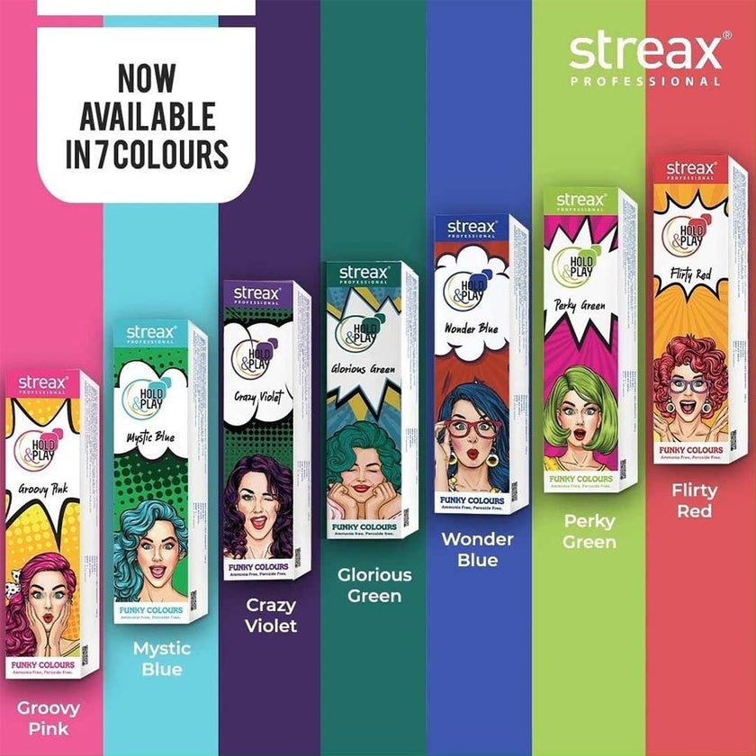 Streax Professional Hold & Play Ammonia & Peroxide - Free Funky Colors Semi-Permanent Hair Color Cream - Wonder Blue 100g