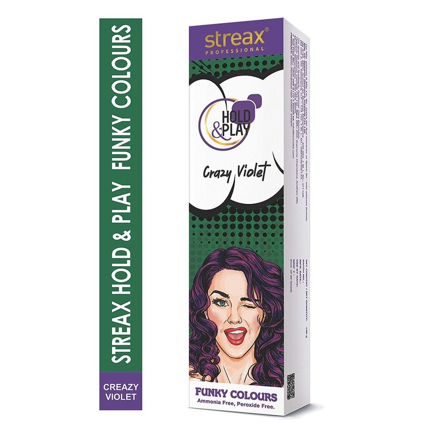 Streax Professional Hold & Play Ammonia & Peroxide - Free Funky Colors Semi-Permanent Hair Color Cream - Crazy Violet 100g