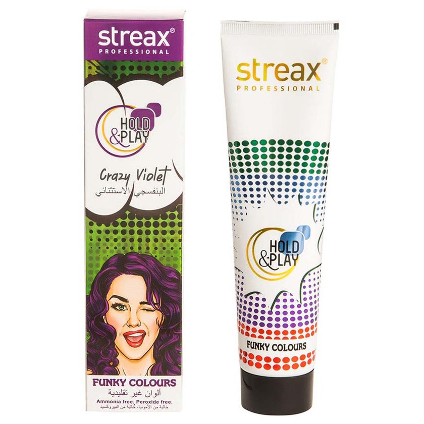 Streax Professional Hold & Play Ammonia & Peroxide - Free Funky Colors Semi-Permanent Hair Color Cream - Crazy Violet 100g