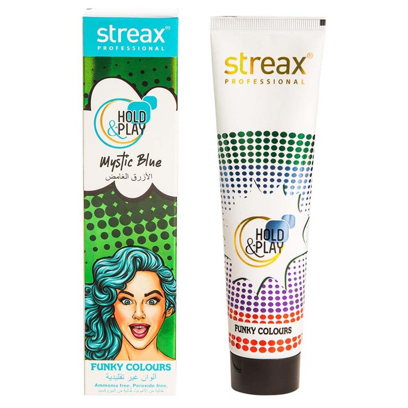 Streax Professional Hold & Play Ammonia & Peroxide - Free Funky Colors Semi-Permanent Hair Color Cream - Mystic Blue 100g