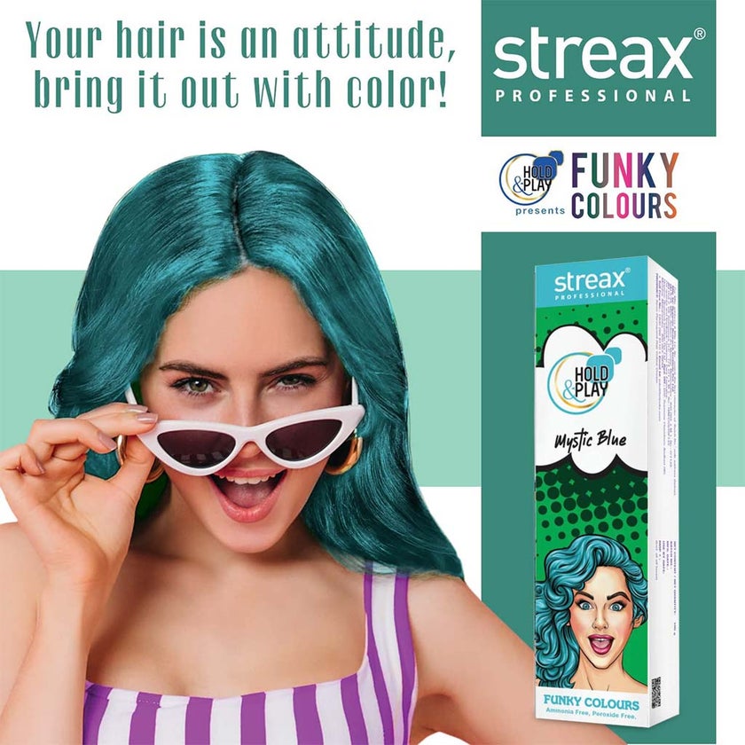 Streax Professional Hold & Play Ammonia & Peroxide - Free Funky Colors Semi-Permanent Hair Color Cream - Mystic Blue 100g