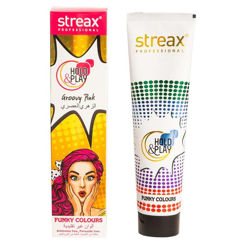 Streax Professional Hold & Play Ammonia & Peroxide - Free Funky Colors Semi-Permanent Hair Color Cream - Groovy Pink 100g
