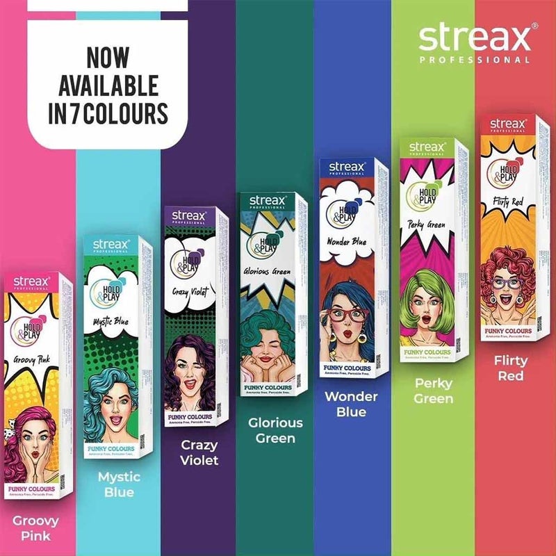 Streax Professional Hold & Play Ammonia & Peroxide - Free Funky Colors Semi-Permanent Hair Color Cream - Groovy Pink 100g