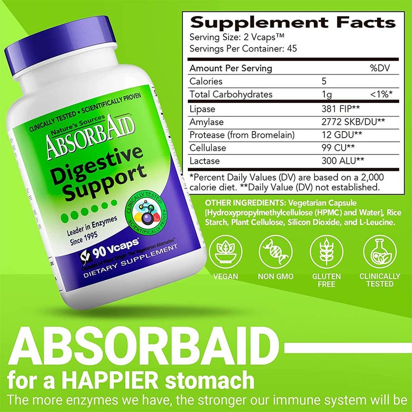 Nature's Sources AbsorbAid Digestive Enzyme Vegetarian Capsules For Digestive Support, Pack of 90's