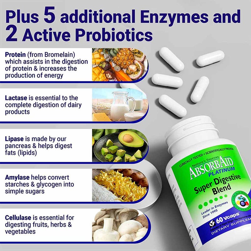 Nature's Sources AbsorbAid Platinum Super Digestive Enzyme & Probiotic Blend Vegetarian Capsules For Digestive Support, Pack of 60's
