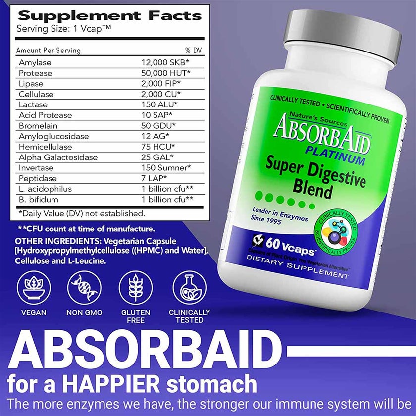 Nature's Sources AbsorbAid Platinum Super Digestive Enzyme & Probiotic Blend Vegetarian Capsules For Digestive Support, Pack of 60's
