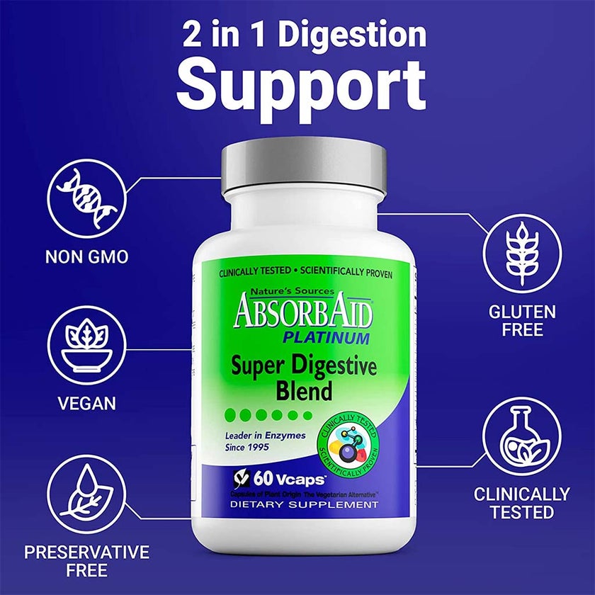 Nature's Sources AbsorbAid Platinum Super Digestive Enzyme & Probiotic Blend Vegetarian Capsules For Digestive Support, Pack of 60's
