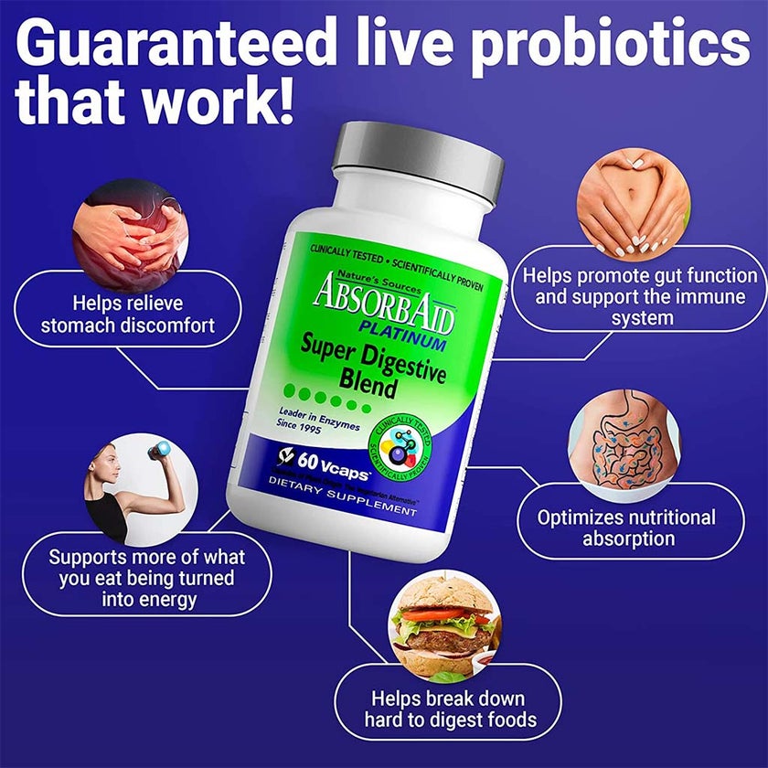 Nature's Sources AbsorbAid Platinum Super Digestive Enzyme & Probiotic Blend Vegetarian Capsules For Digestive Support, Pack of 60's