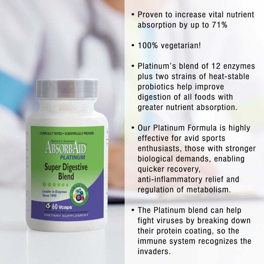 Nature's Sources AbsorbAid Platinum Super Digestive Enzyme & Probiotic Blend Vegetarian Capsules For Digestive Support, Pack of 60's
