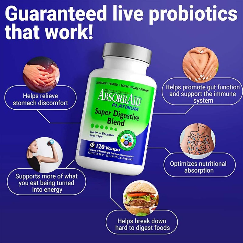 Nature's Sources AbsorbAid Platinum Super Digestive Enzyme & Probiotic Blend Vegetarian Capsules For Digestive Support, Pack of 120's