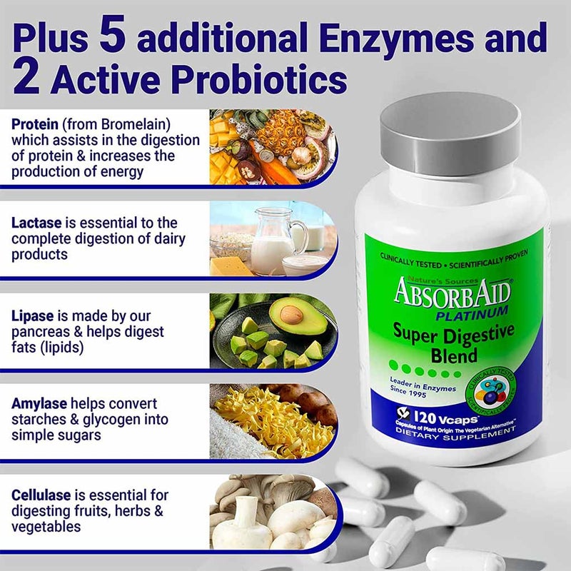 Nature's Sources AbsorbAid Platinum Super Digestive Enzyme & Probiotic Blend Vegetarian Capsules For Digestive Support, Pack of 120's