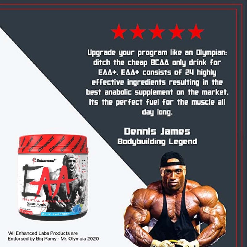 Enhanced Labs Dennis James’ EAA Essential Amino Acids & BCAA, Mass & Strength Builder Formula, Blue Raspberry 234g