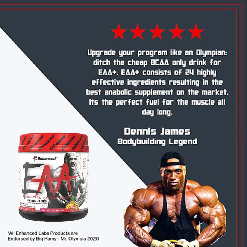 Enhanced Labs Dennis James’ EAA Essential Amino Acids & BCAA, Mass & Strength Builder Formula, Fruit Punch 230g
