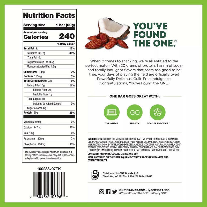 One Bar Gluten Free Protein Almond Bliss Flavored Protein Bar 60g